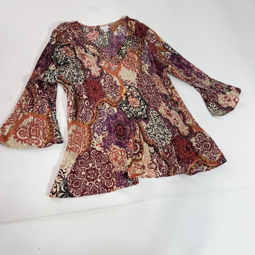 Jaclyn Smith Blouse Womens 3X Multicolor Paisley‎ Pleated Bell Sleeve Tunic Boho